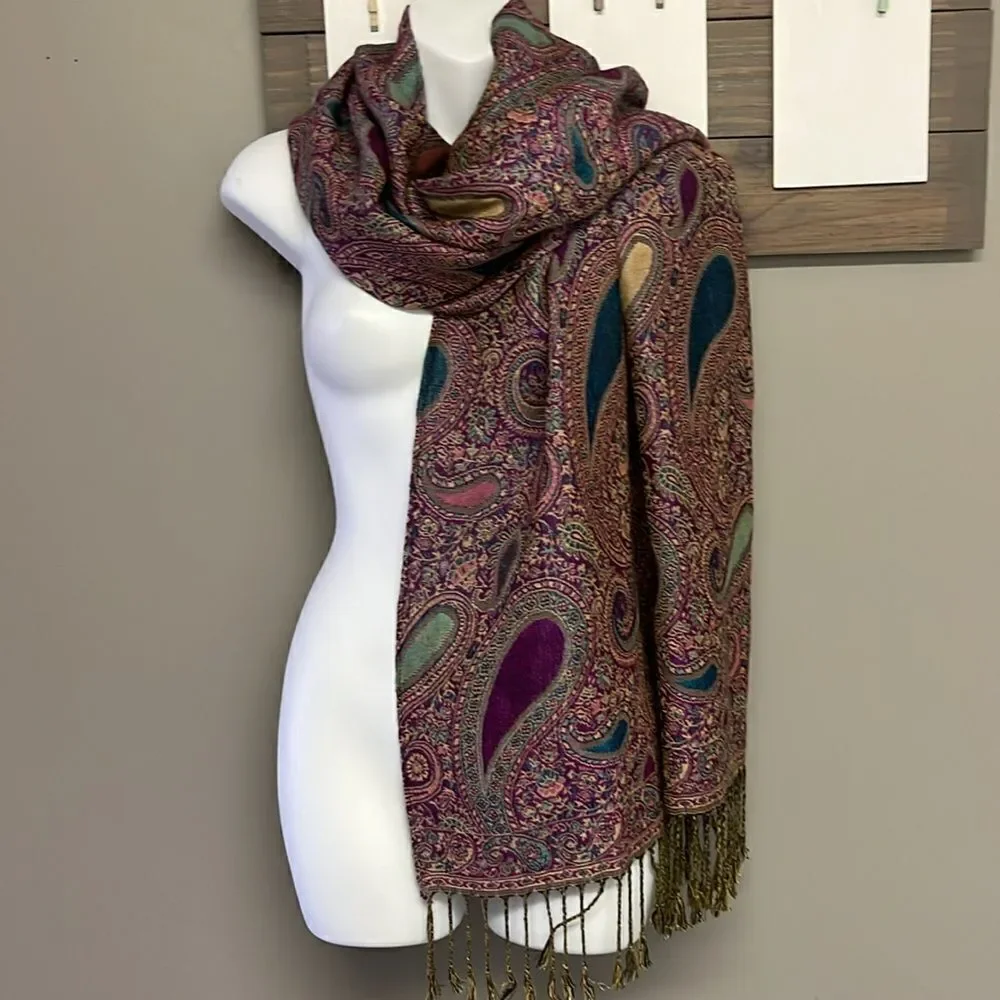 Beautiful Purple Blue Green Tan Paisley Pattern Pashmina Wrap Scarf w/ Tassel-OS